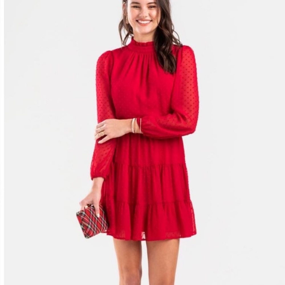 Altar’d State Rich Ruby Red Long Sleeve Tiered High Neck Swiss Dot Holiday Dress
